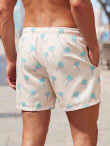 Manfinity KASUA Shorts de playa con cordón en la cintura y estampado de árboles de coco para hombres - Beis - Ver 2