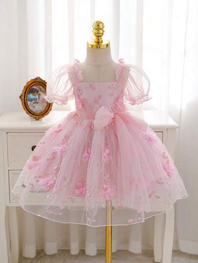 SHEIN Glamorique Kids Baby GirlPrincess Dress, Pink Mesh Embroidered Dress, Birthday Party Wedding Holiday Formal Dress, Puff Sleeves, Bow Tie, 3D Flowers, Knitted Dress