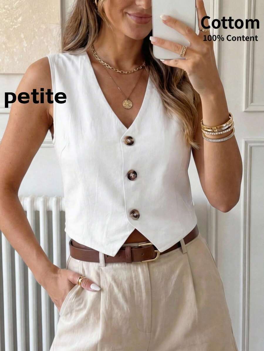 SHEIN LUNE Petite 女士纯色V领单排扣休闲百搭日常衬衫 - 白色 - 查看 1