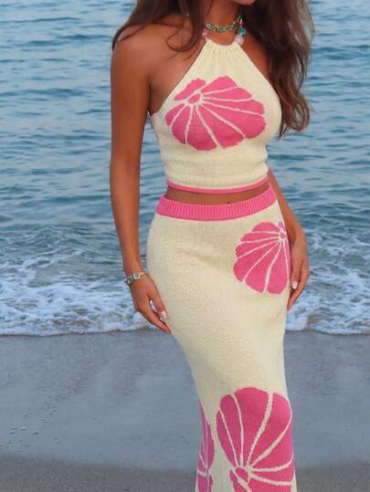 Aloruh Bộ đồ nữ mùa Xuân/Hè mới, gợi cảm, hở lưng, đính cườm, họa tiết hoa, áo hai dây và chân váy dài lãng mạn thêu họa tiết vỏ sò phối màu tương phản, thích hợp cho đi biển/nghỉ dưỡng.