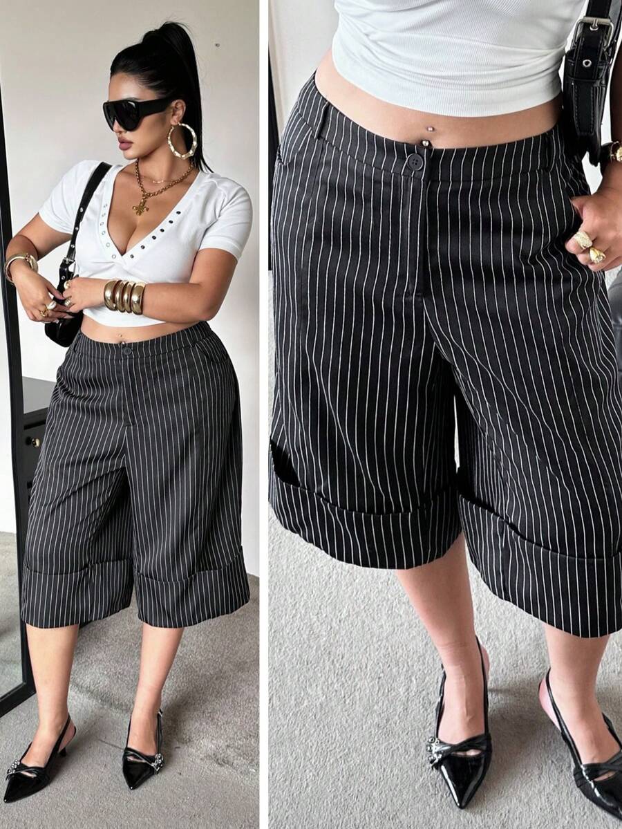 POPSWAY Quần lửng 7/8 kiểu dáng thanh lịch, thoải mái, cạp cao, ống rộng, dáng suông, tôn dáng, đa năng, phù hợp cho công sở mùa xuân và hè. - Đen và trắng - Xem 1