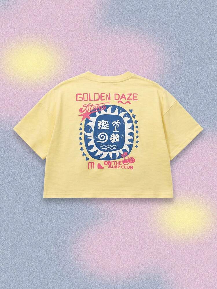 Oversized Golden Daze Surf Club Girls Short Sleeve Tee With Sun And Wave Graphics Summer Beach Casual Top