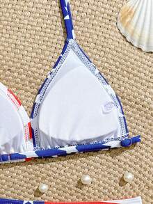 SHEIN 少女比基尼套装，美国国旗印花，针织面料，两件式泳衣，时尚休闲优雅，适合游泳、度假和夏季穿着。 - 彩色 - 查看 5