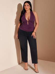 SHEIN BAE Plus Size Women's Dark Purple Classy Halter Tank Top,Summer Backless Ruched Top With Metal Button,Night Out Club Party Birthday Outfits 2026 - Purple - View 8