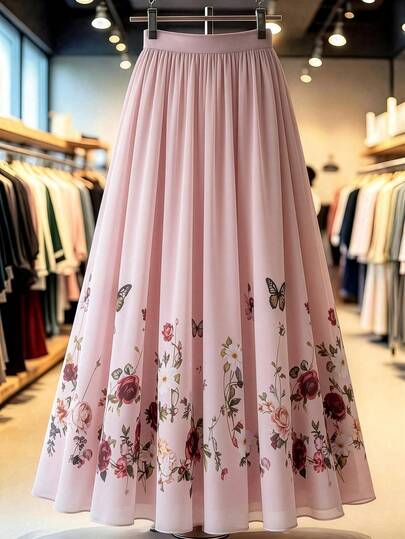 GlowEve CURVE Falda de gasa con estampado floral elegante en talla grande para mujer, verano