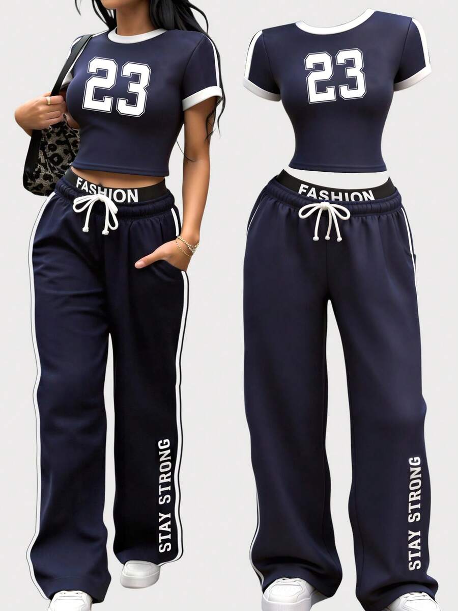 SHEIN Girlism Kids Teen Girls' Navy Blue 2 Piece Set,Sporty Streetwear Summer Retro Short Sleeve T-Shirt And Loose Wide Leg Pants,Back-To-School Graduation Outfit - Blue and White - View 1