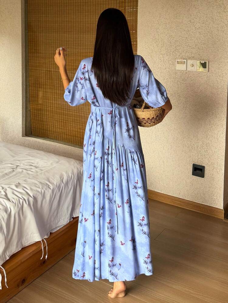 Chinese Style Allover Print Long Loose Summer Dress, Women Nightgown