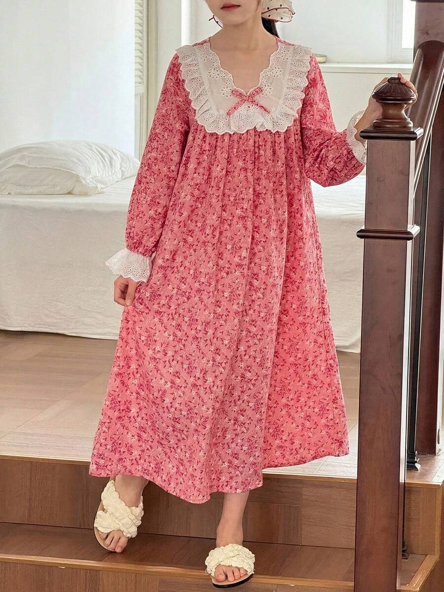 少女简约碎花V领长袖宽松休闲睡衣连衣裙,度假居家碎花长袖连衣裙 - 粉色 - 查看 1