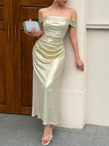 DAZY 女士优雅露肩褶皱腰身连衣裙，适合生日派对和宴会穿着 - 杏色 - 查看 3