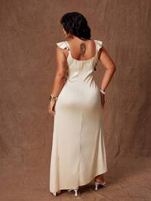 French Retro Bias Cut Lace Trim Cap Sleeve Satin Vacation Elegant Dress - Champagne - View 2