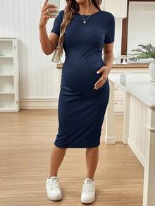 SHEIN 短袖圆领纯色修身孕妇连衣裙 - 藏蓝色 - 查看 5