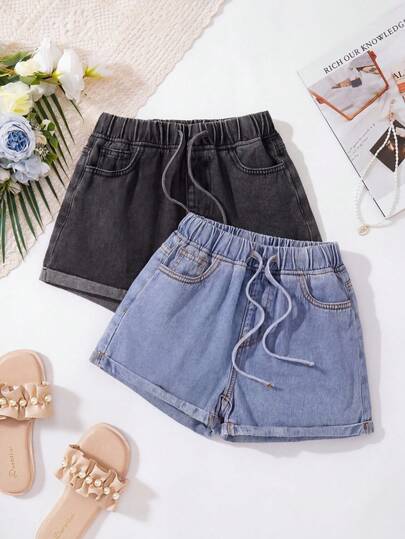 SHEIN Tween Girls Fashion Casual Y2k Vintage Cool Street Bekväma Ljusblå och svarta, åtsittande jeansshorts i två delar Set för barnkläder Tween Girls Vardagskläder och barn Vår till sommar Rave Outfits Festival och Outfits Streetwear Kläder