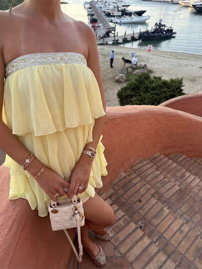 Aloruh Women's Elegant Strapless Sequin Patchwork Textured Solid Color Multi-Layered Ruffle Hem Beach Mini Dress, Chiffon Elegant Butter Yellow Mini Dress,Women Dating Dress,Women Night Out Dress,Summer Dresses For Women, Honeymoon Outfits Woman .Women Wedding Guest Dress. Island Vacation Outfits,Wedding Guest Dress Women ,Sun Dresses For Women ,Elegant Dresses For Party,Vacation Dress Greece Vacation Outfits Women Womens Summer Co Ord Resort Dresses For Women