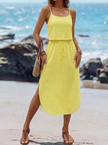 Sylviya 女士休闲米黄色开衩吊带沙滩裙 - 黃色 - 查看 3