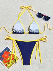 Bonvoyette Vacation Beach Contrast Color Trim Bikini Set Yacht Outfit Women Women Swim Suit Set - Navy Blue - View 3