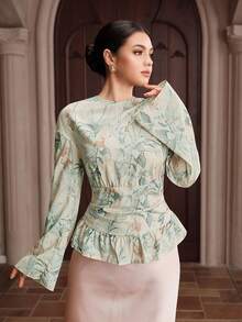 Graceveil Áo kiểu nữ thanh lịch cổ tròn, vai rớt, tay dài, eo nhún, họa tiết hoa. - Màu be - Xem 2