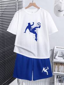 SHEIN Teen Boy White Summer Streetwear Loose Short Sleeve Shorts Set,Suitable For Daily Use,Sports,School,Parties,Weddings,Performances & Opening Ceremonies - Royal Blue - View 3