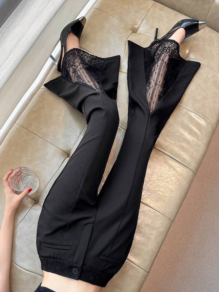 Tall Women's Lace Patchwork Flare Pants, Elegant Solid Color Long Trousers