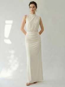 Uhlyne Elegant Extra Long Sleeveless Asymmetric Shoulder Party Dress For Women - Apricot - View 4
