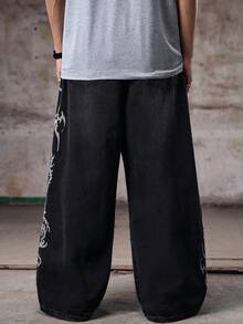 男士简约休闲前扣口袋印花牛仔裤，Emo 风格，垃圾摇滚风 - 黑色 - 查看 2