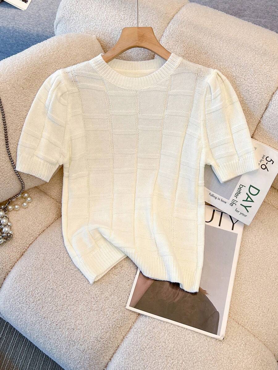 GlowEve 女士春夏新款单件圆领修身露肩格纹百搭日常时尚针织短袖上衣 - 米色 - 查看 1