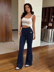 SHEIN EZwear 海军蓝女式刺绣针织喇叭裤 - 藏蓝色 - 查看 6