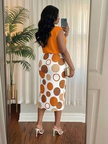 SHEIN Lady CURVE 2 件套大码女士休闲圆点印花宽松圆领上衣和裙子套装，适合夏季 - 彩色 - 查看 2