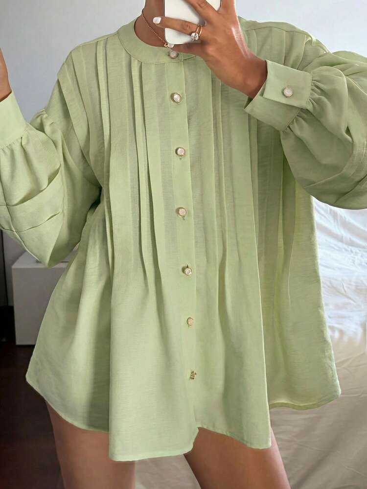 Women's Loose Fit Pleated Round Neck Yellow Blouse