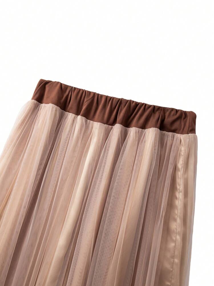 GlowEve CURVE Plus Size Women Elegant Mesh Patchwork Button Decor Casual Commuter Skirt, Autumn Women's Clothing, Club Party Elegant Maxi - Brown - View 7