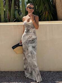 Livesso Đầm midi màu xám nhuộm tie-dye, dây mảnh, hở lưng, kiểu dây chéo, phong cách thường ngày, thích hợp cho kỳ nghỉ, đường phố, lễ hội âm nhạc, dành cho nữ, mùa xuân/hè. - Màu be - Xem 3