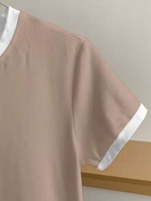 Women's Contrast Trim Round Neck Casual Short Sleeve T-Shirt, Spring/Summer - Khaki - View 4