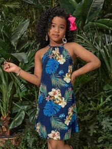 SHEIN Tween Girls' Floral Print Sleeveless Casual Vacation Dress,Kids,Mothers Day Outfit,Graduation,Mommy And Me Matching Outfits - Navy Blue - View 5