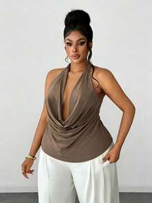 Maweii Plus Size Braided Knit Draped Neck Backless Vest, Sexy/Casual/Holiday - Khaki - View 1