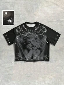 ROMWE MEN Street Life Camiseta de manga corta con cuello redondo, decorada con estampado de ángel y cristales para hombres - Multicolor - Ver 6