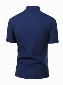 Manfinity Homme Men's Solid Color Casual Versatile Daily Wear Short Sleeve Shirt - Navy Blue - View 2