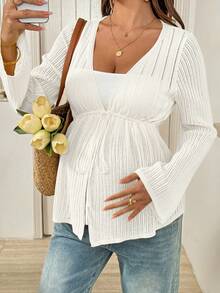 SHEIN Maternity Casual Solid Color Drawstring Waist Cardigan Winter - White - View 4