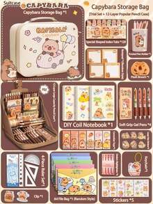 Capybara-Themed Stationery Gift Set - Includes Pufferfish Design Pencil Case, Highlighters, Sticky Notes, Notebook, Etc. - Suitable As A Birthday Or Partner Gift, Gift | Illustrated Pencil Case (Some Styles May Be Random) - Capybara Stationery Set - View 2