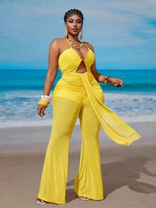 Maweii Plus Size Women Sexy Hollow Out Mesh Fabric Backless Jumpsuit - Yellow - View 1