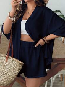 SHEIN VCAY Casual Minimalist Vintage Leaf Pattern Loose Plus Size 2 Pieces Set, Suitable For Summer - Navy Blue - View 5