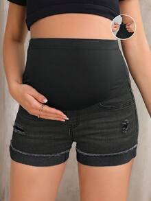 SHEIN Maternity Casual Washed Distressed Skinny Denim Shorts - Black - View 1