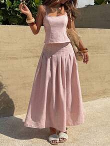 DAZY 两件套女士夏季度假套装 - 吊带条纹上衣和休闲半裙 - 粉色 - 查看 5