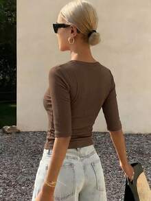 Women's Summer Square Neck Fitted Ribbed Casual Short Sleeve T-Shirt - Brown - View 2