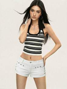 Rina Fox Quần short denim nữ có khoen kim loại, thích hợp cho mùa hè. - trắng - Xem 6