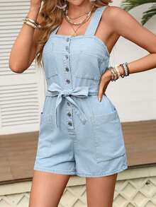 Breezaya 女士单排扣多口袋休闲牛仔背带短裤 - 藍色 - 查看 1