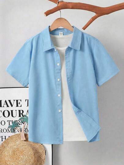 SHEIN Boys' Casual Comfortable Contrast Color Short Sleeve Shirt