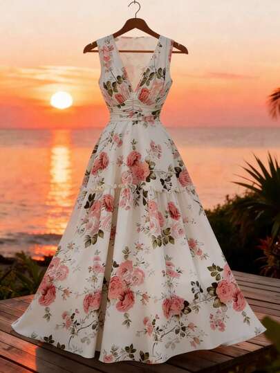 Franclia Đầm maxi in họa tiết, cổ chữ V sâu, không tay, xếp ly phía trước, eo nhún, dáng suông, dành cho nữ; Đầm hoa, đầm hè, đầm dự tiệc trà, đầm eo chun, đầm đẹp cho nữ; đầm vintage cho nữ; đầm đẹp cho quý cô.