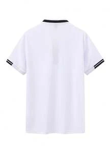 Manfinity Homme Camisa polo de manga corta con cremallera, estampado de caballero con rayas, minimalista para hombres - Blanco - Ver 3