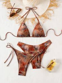 Swim Basics 3pcs Women's Summer Beach Colorblock Halter Tie Sexy Bikini Top And Triangle Bottoms Swimwear Set - Multicolor - View 1