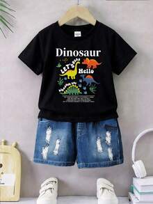 SHEIN Playful Pals Camiseta de manga corta con cuello redondo para niños pequeños con estampado de dinosaurio y letras en negro, ropa para niños pequeños, parte superior para bebés y niños pequeños, jersey para bebés y niños pequeños, camiseta de manga corta para bebés y niños pequeños, adecuada para Pascua, fiestas, uso casual, estilo dulce y lindo, diseño de dinosaurio y letras, adecuada para primavera/verano, talla de 6 meses a 3 años - Negro - Ver 6