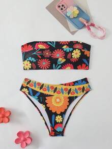 Swim Lushoire Swim Suits For Women Women's Summer Beach Color Block Bandeau Sexy Bikini Set - Multicolor - View 3
